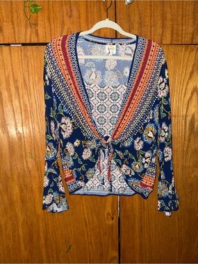 fig and flower Navy Floral Tie-Front Tunic with Orange Accents